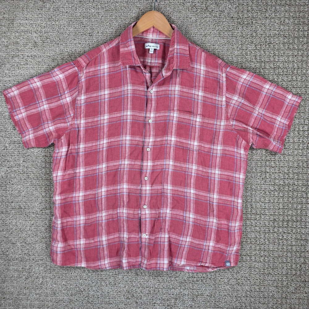Peter Millar Mens XL Red Plaid‎ 100% Linen Short Sleeve Button Up Shirt Crown
